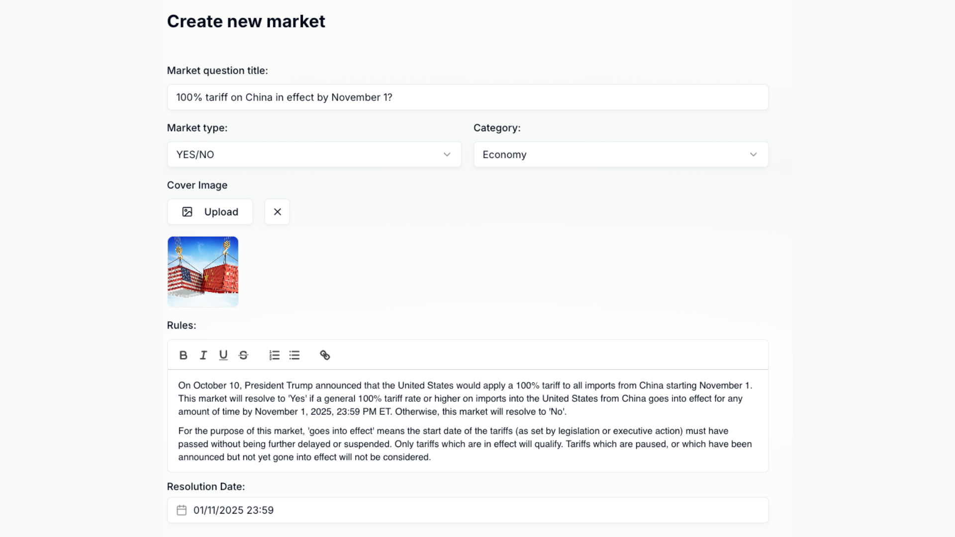 Policy implementation market example on Xmarket